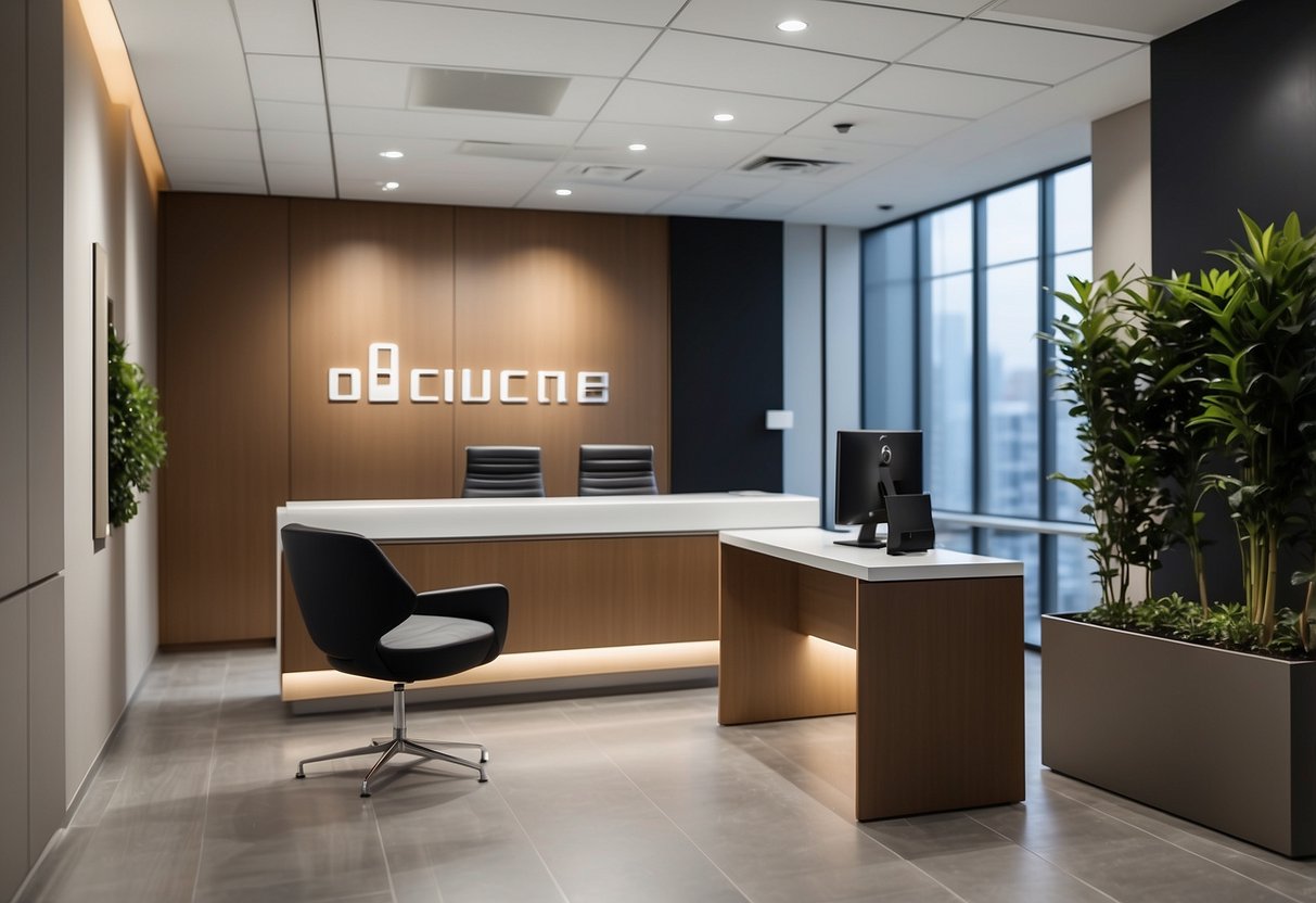 A modern office with sleek furniture, a reception desk, and a waiting area. Clean lines and neutral colors create a professional atmosphere