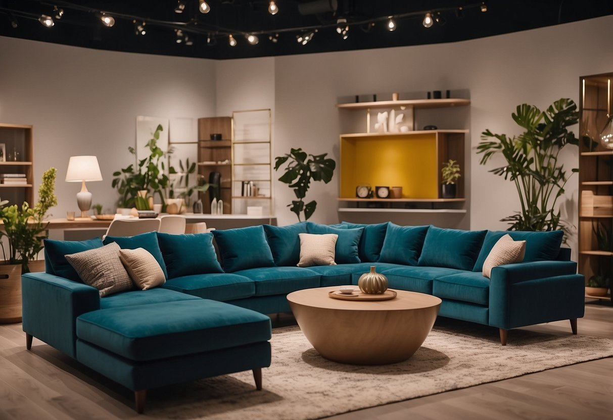 A variety of modern furniture pieces in different sizes and colors are displayed in a spacious showroom, showcasing the details and dimensions of each item