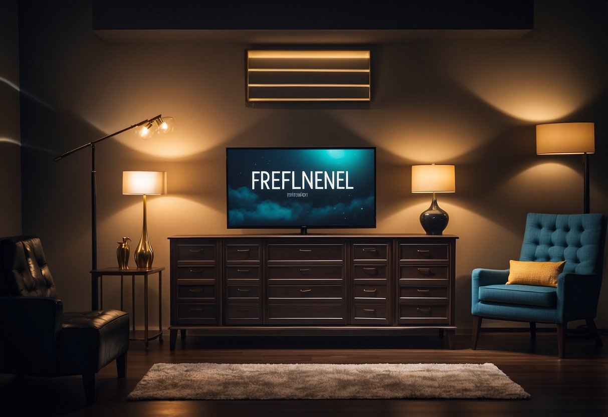 Furniture surrounded by dim lighting, with a sign reading "Frequently Asked Questions" prominently displayed