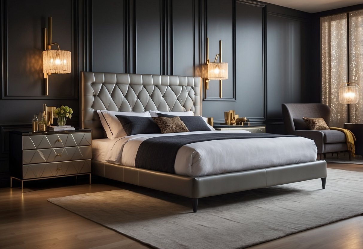 A sleek, minimalist bed with a tufted headboard sits against a backdrop of geometric patterned wallpaper. A contemporary dresser and nightstands with clean lines and metallic accents complete the modern bedroom furniture design of 2015