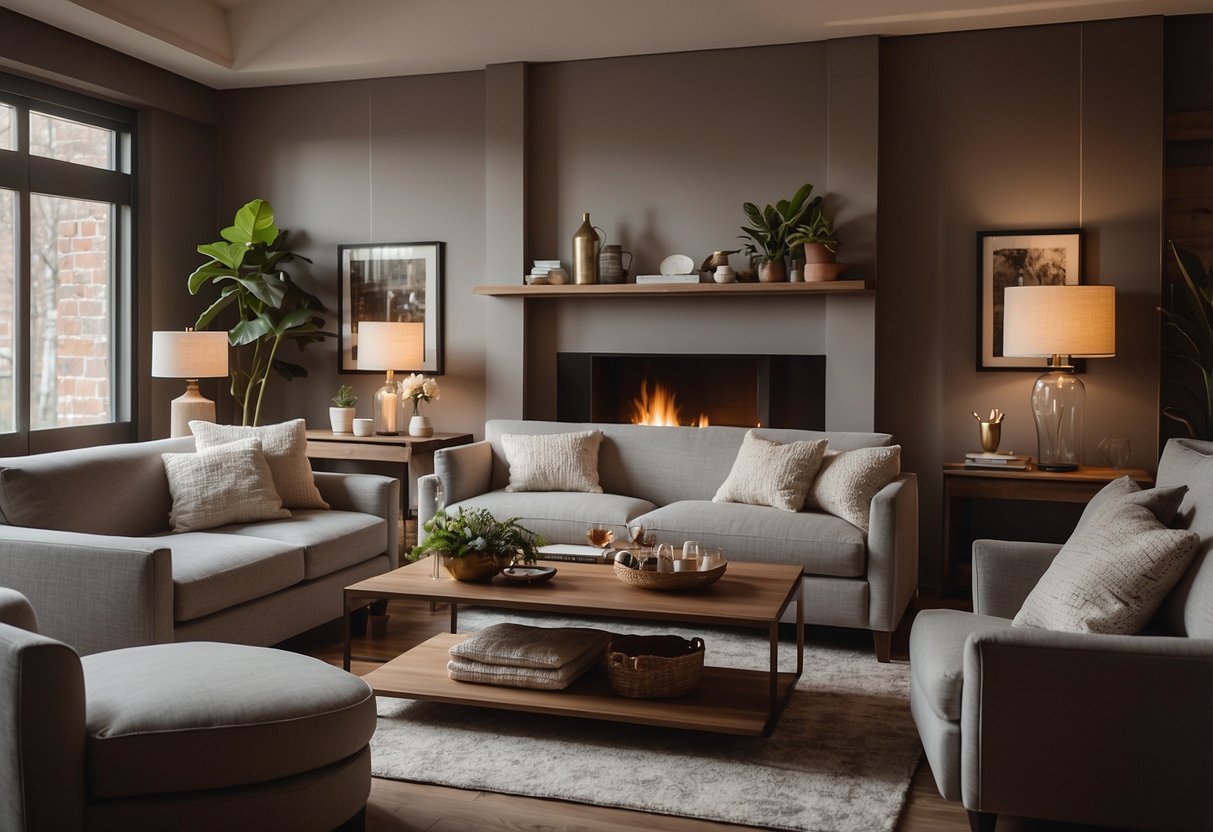 A cozy living room with a Moran furniture set, including a plush sofa, elegant coffee table, and stylish armchairs arranged around a warm fireplace