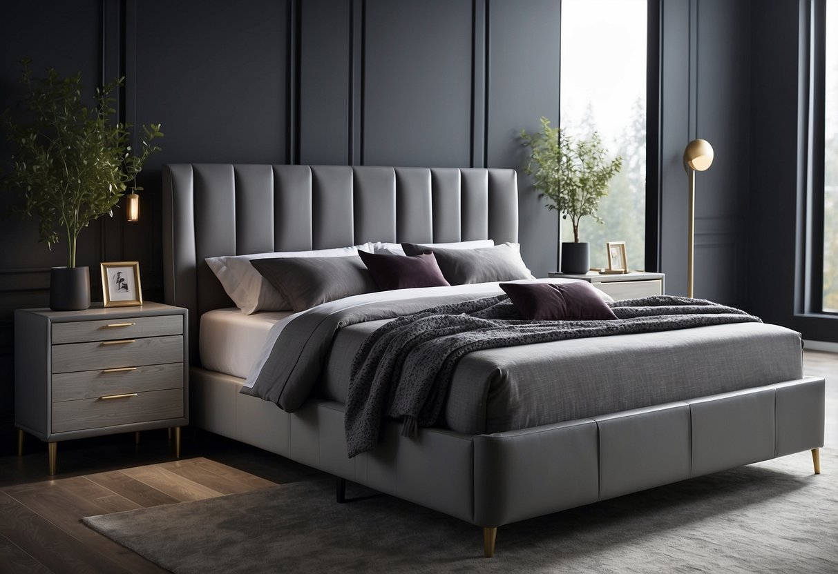 A sleek, modern grey bedroom set fills the room with clean lines and minimalistic design. The furniture includes a platform bed, a matching dresser, and a pair of nightstands, creating a contemporary and stylish atmosphere