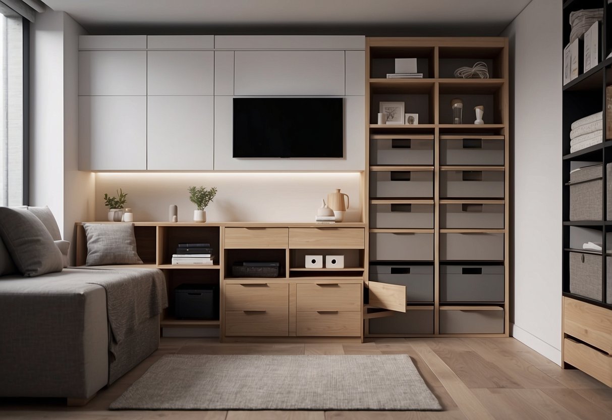 A room with modular storage furniture arranged in a clean, minimalist design. Shelves, drawers, and cubbies are organized and labeled for easy access