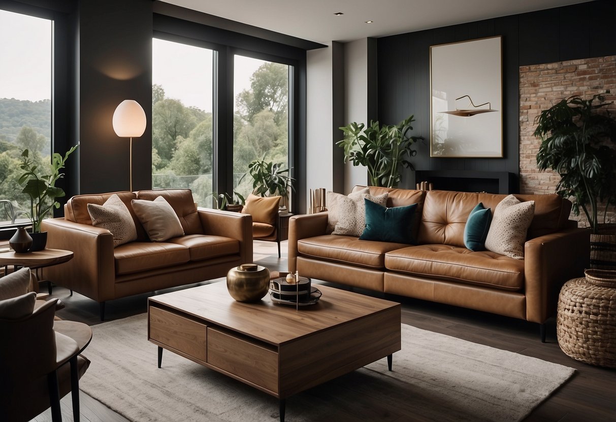 A living room with Moran Furniture's range showcased: leather sofas, wooden coffee tables, and elegant lamps, creating a cozy and stylish atmosphere