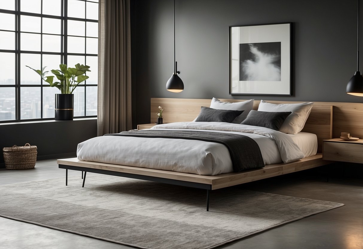 A sleek, minimalist bed sits against a backdrop of clean lines and neutral colors. A geometric rug and modern nightstands complete the contemporary look