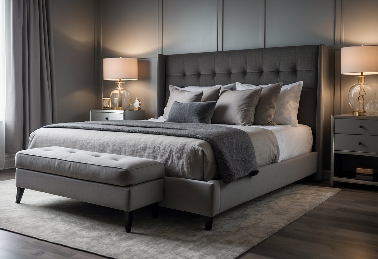 A sleek modern grey bed with matching nightstands and a cozy armchair in a serene bedroom oasis
