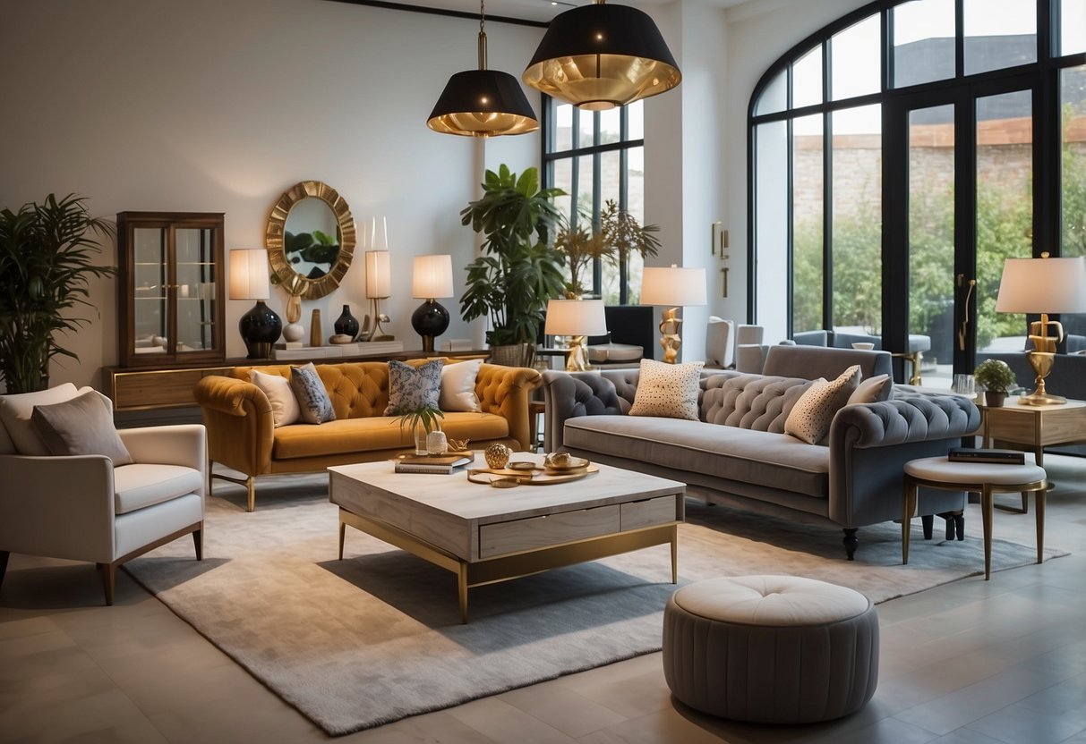 A spacious showroom filled with a diverse range of modern and classic furniture pieces, arranged in stylish room settings. Bright lighting highlights the quality craftsmanship and attention to detail in each item