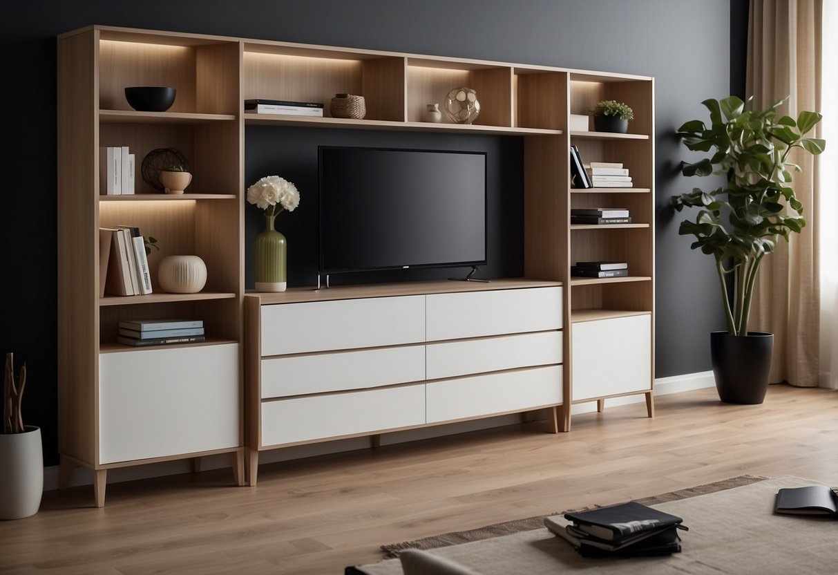 A room with modular storage furniture: shelves, cabinets, and drawers arranged in a functional and stylish manner. The furniture is customizable and can be easily reconfigured to suit different storage needs