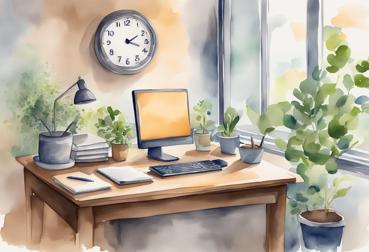 An open office desk with a computer, notebook, and pen. A clock on the wall shows the time. A plant sits on the desk