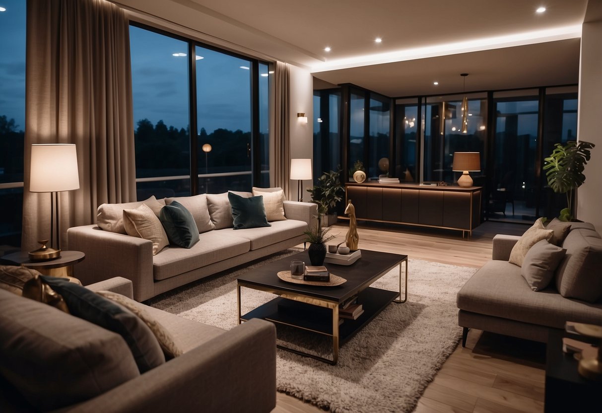 A cozy living room with modern furniture, soft lighting, and a welcoming atmosphere