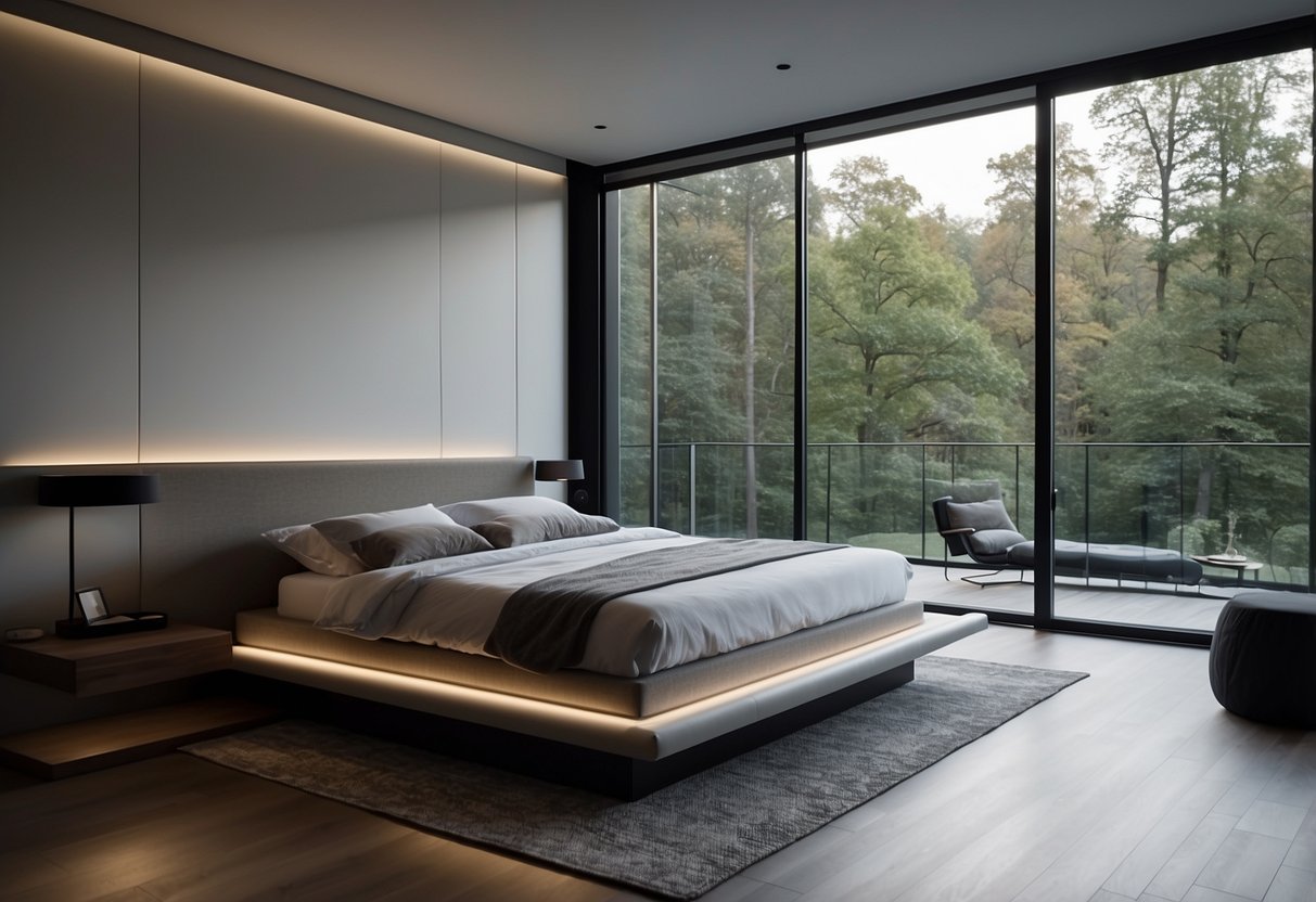 A sleek, minimalist bed with built-in charging ports sits against a wall of floor-to-ceiling windows. Floating nightstands and a smart lighting system complete the modern bedroom furniture design