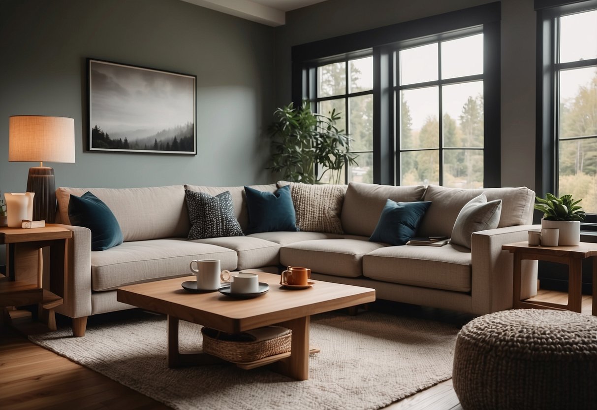 A cozy living room with a modern Moran furniture set, soft lighting, and a stack of FAQ brochures on the coffee table