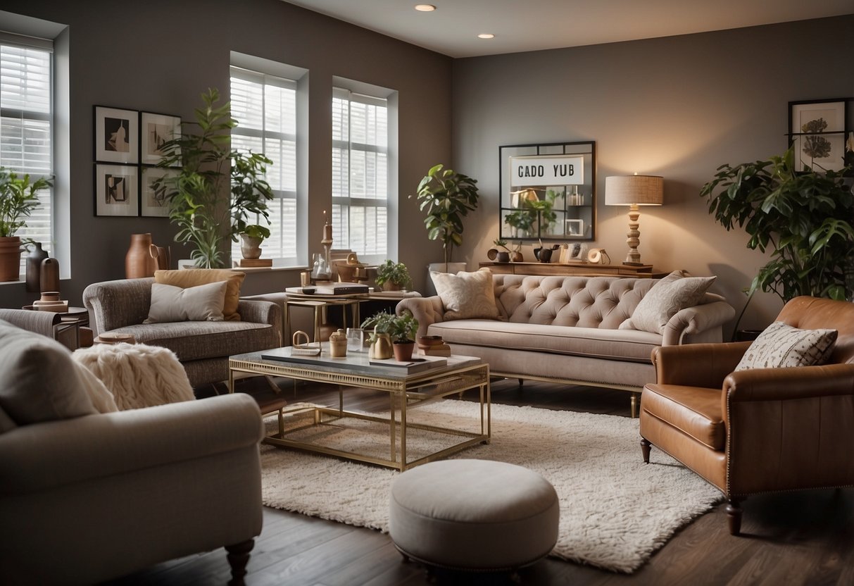 A room with various furniture pieces labeled "Frequently Asked Questions forty nine furniture" displayed in a neat and organized manner