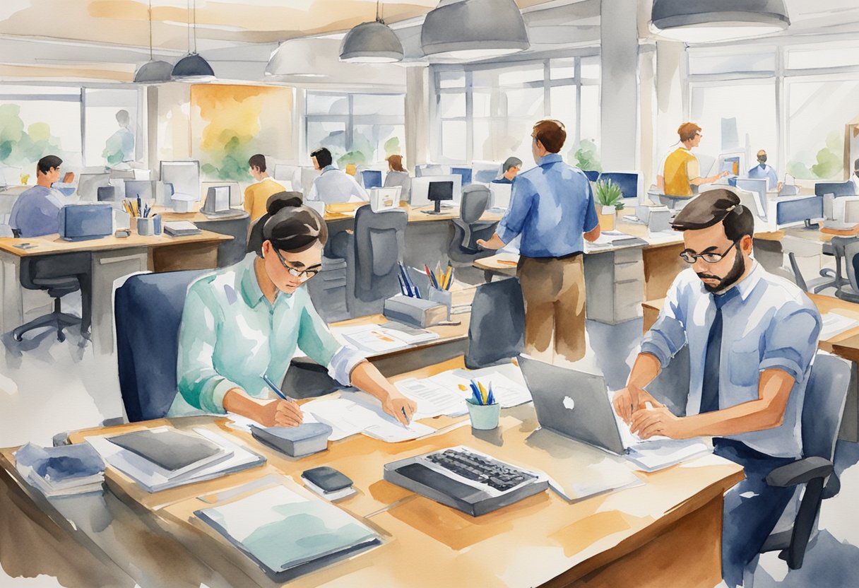 Employees engaged in tasks, with focused expressions. A mix of technology and office supplies on desks. Bright, natural lighting fills the space