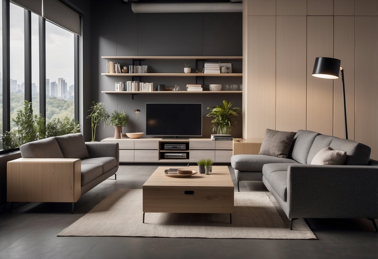 A room with modular storage furniture arranged in various configurations, showcasing its versatility and functionality