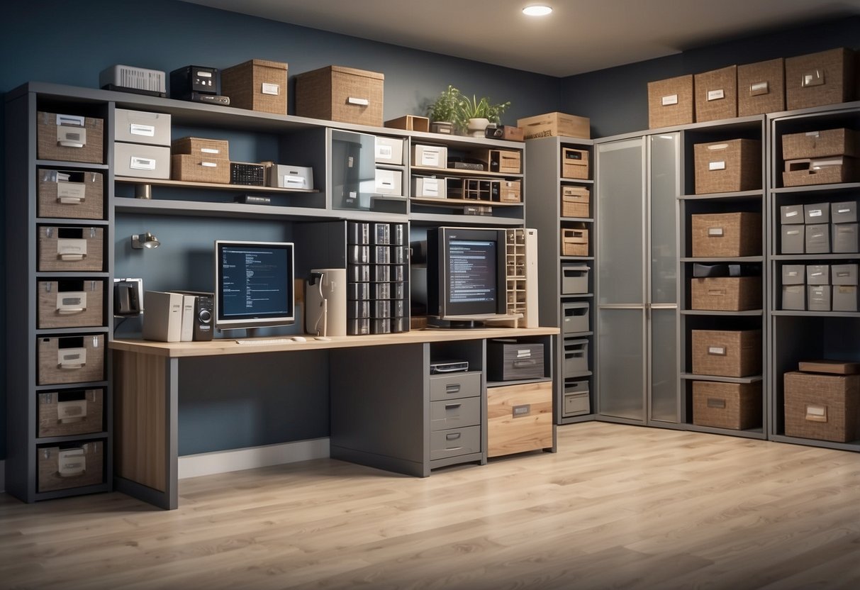 A room with modular storage furniture, neatly organized and labeled with "Frequently Asked Questions" signs