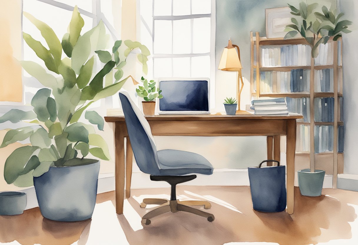 A serene office space with a clutter-free desk, a plant, and a softly glowing lamp. The scene exudes calmness and focus, inviting the viewer to practice mindfulness