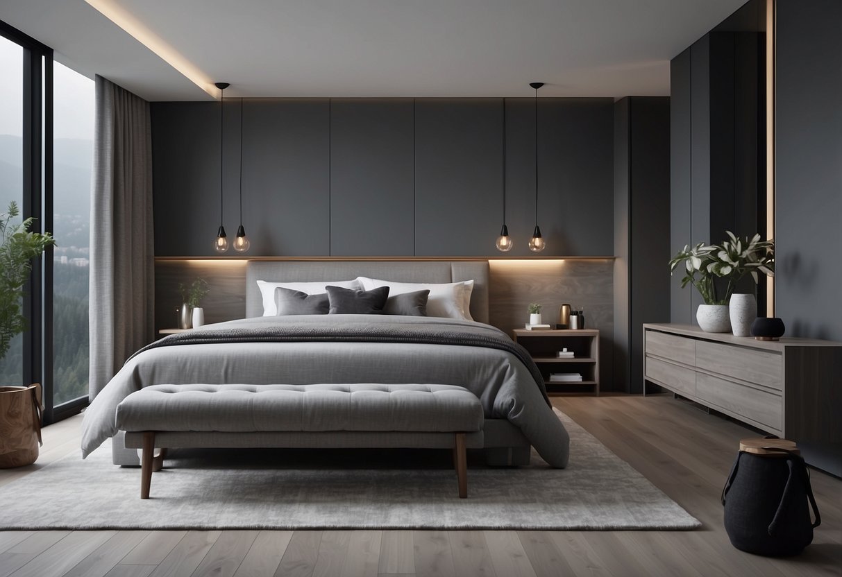 A modern grey bedroom with sleek furniture, clean lines, and minimalistic design. The room is well-lit with natural light, and the furniture includes a bed, nightstands, and a dresser