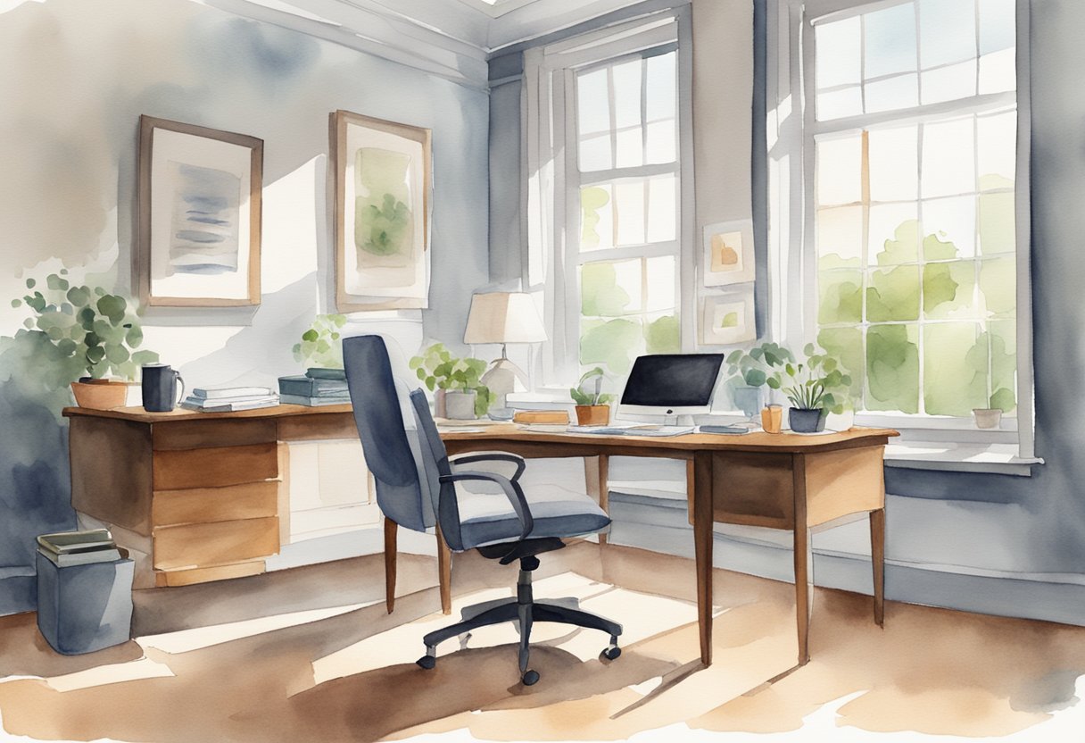 A serene office setting with open windows, natural light, and minimal distractions, with a clear and organized desk and a comfortable chair for focused work