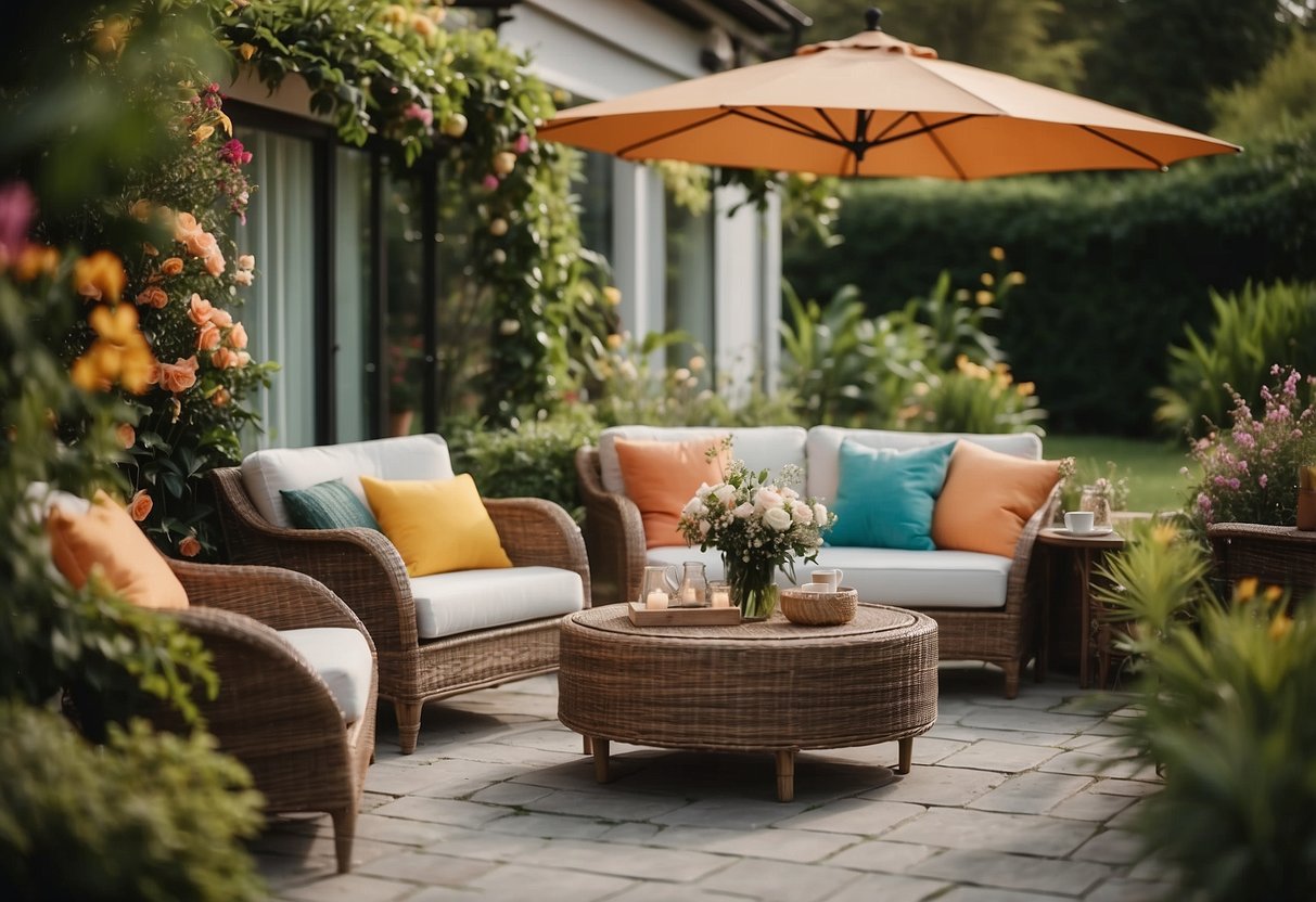 A cozy garden lounge with wicker furniture sets arranged around a low coffee table, surrounded by lush greenery and colorful flowers