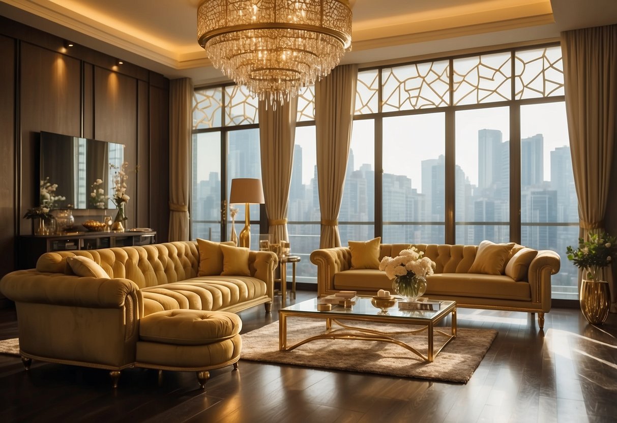 The gold living room furniture gleams under the warm light, casting a luxurious and elegant atmosphere