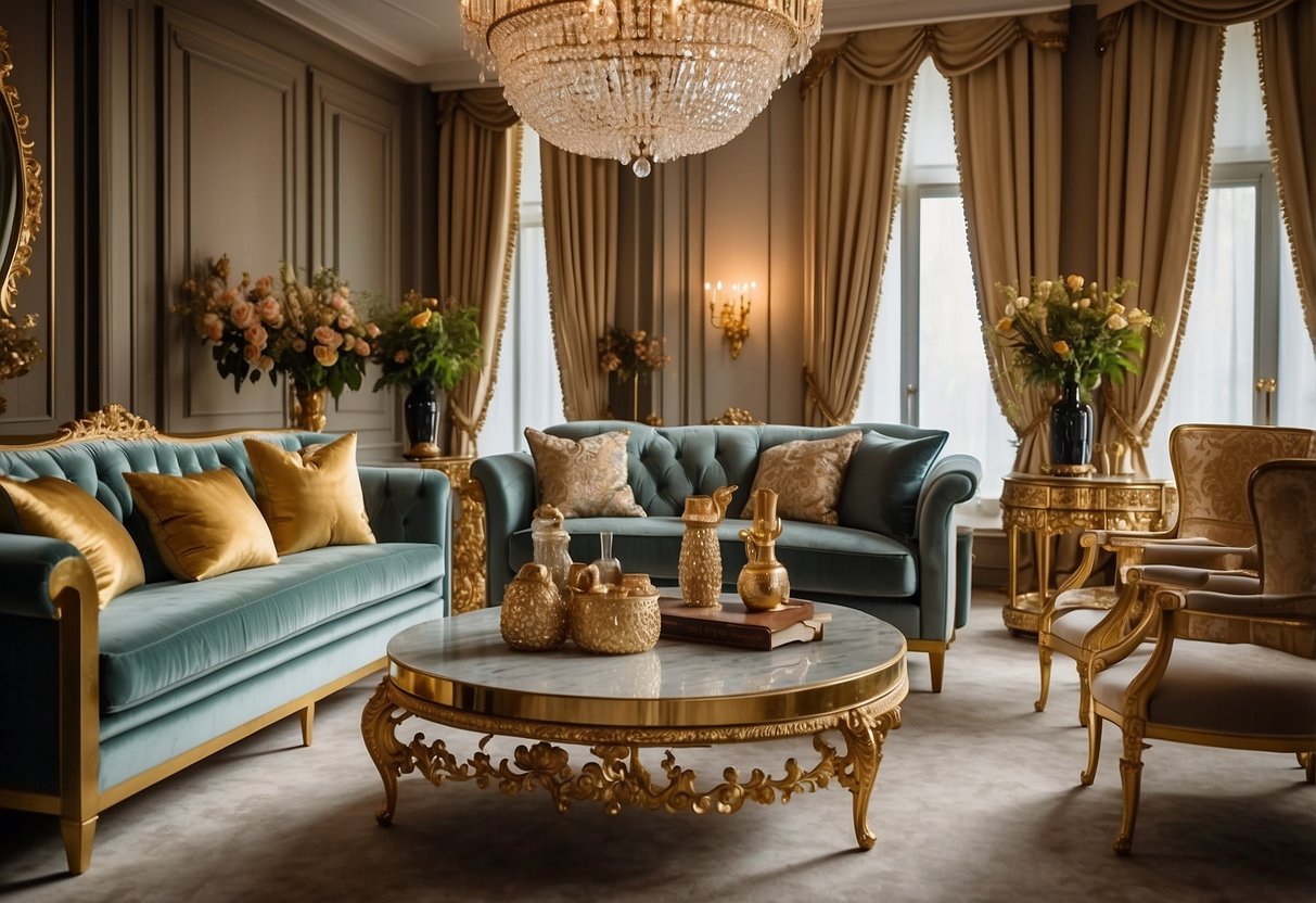 A luxurious living room with gold furniture, including a plush sofa, elegant coffee table, and ornate accent chairs. The room is adorned with gold-framed mirrors, shimmering chandeliers, and opulent drapes