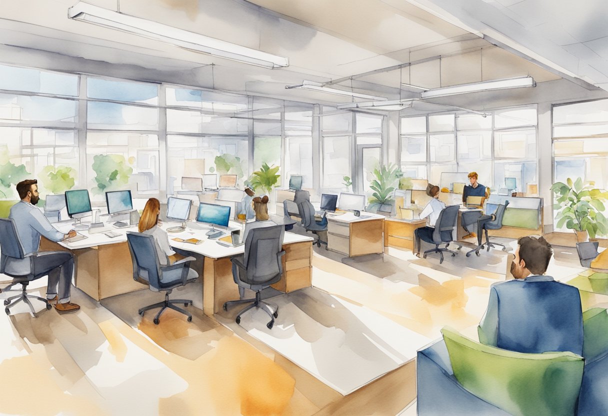 A bright, open office space with multiple workstations and comfortable seating. A large whiteboard is filled with colorful brainstorming ideas, and a central table is surrounded by employees engaged in discussion