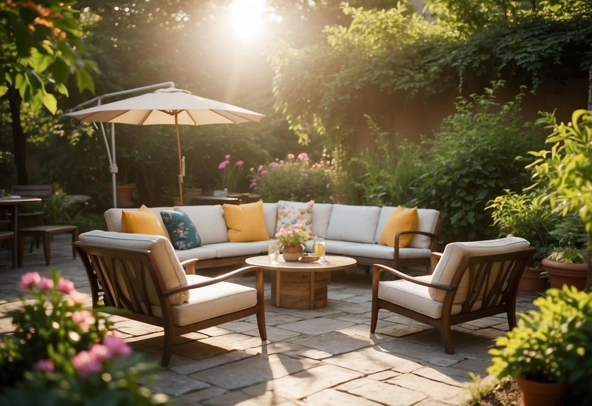 A cozy garden lounge set sits on a stone patio surrounded by lush greenery and colorful flowers. The sun is shining, casting a warm glow on the comfortable chairs and table