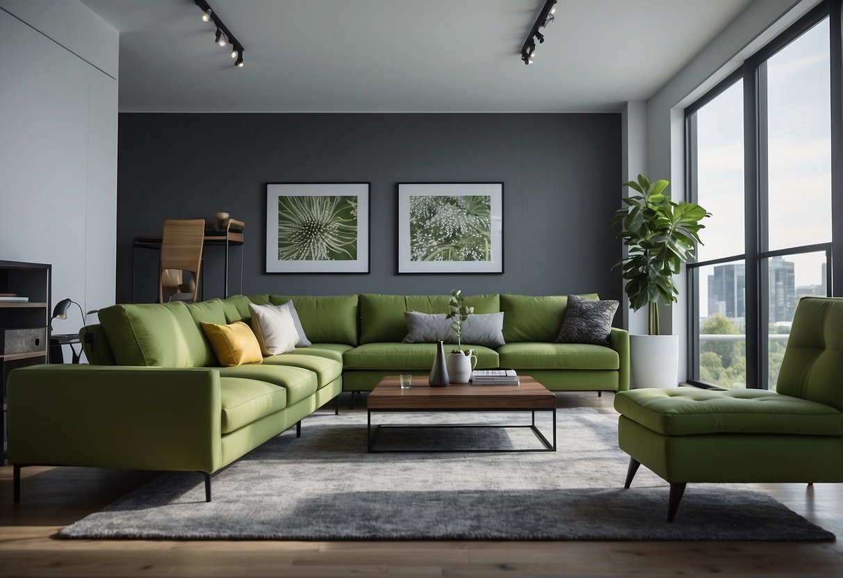 Grey walls contrast with vibrant green furniture in a modern living room