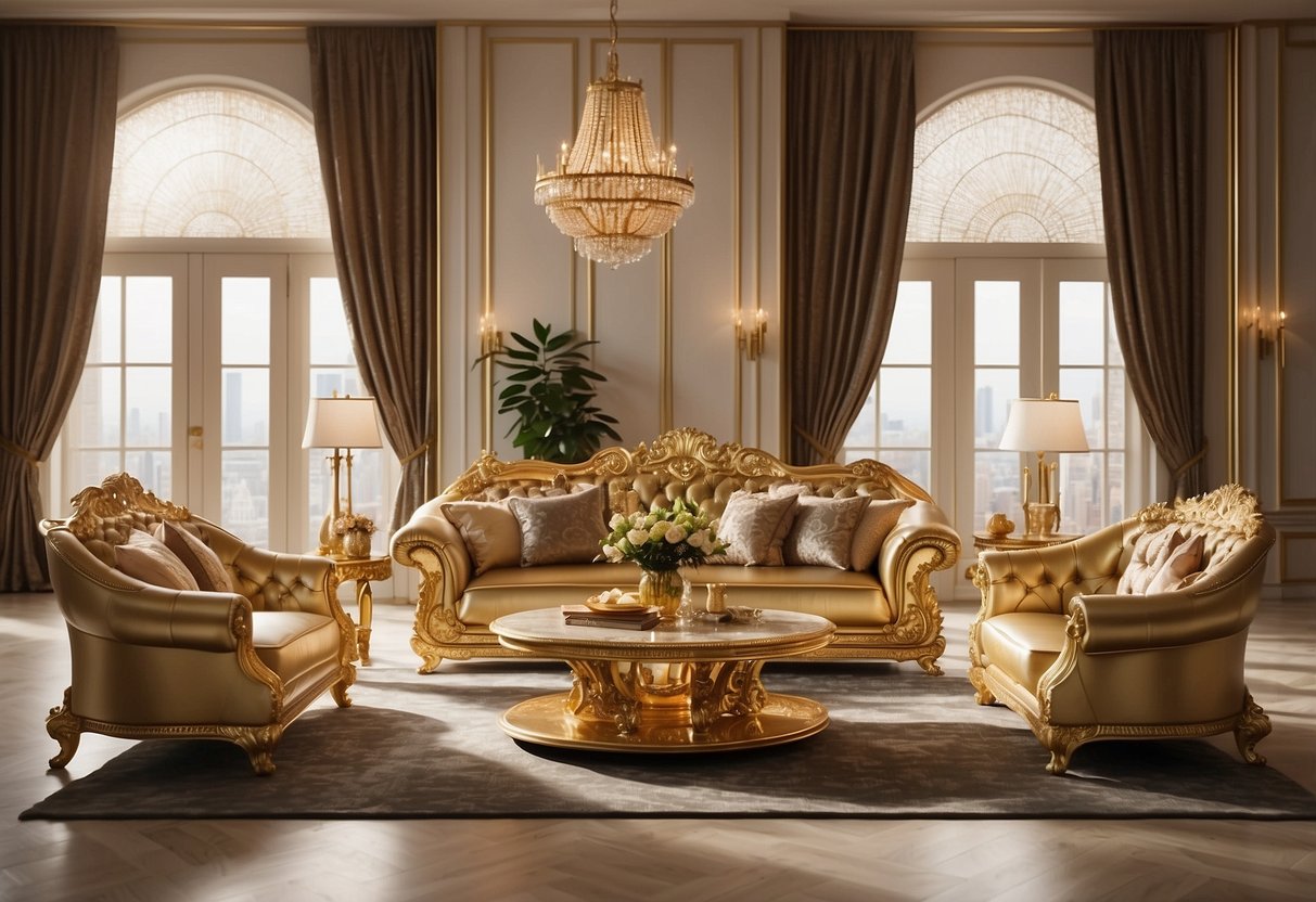 A luxurious gold living room set gleams with quality and craftsmanship, featuring ornate details and plush upholstery