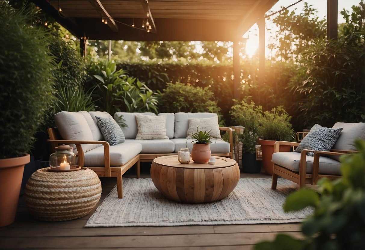 A garden lounge set with cushions, side tables, and a cozy rug, surrounded by potted plants and soft outdoor lighting