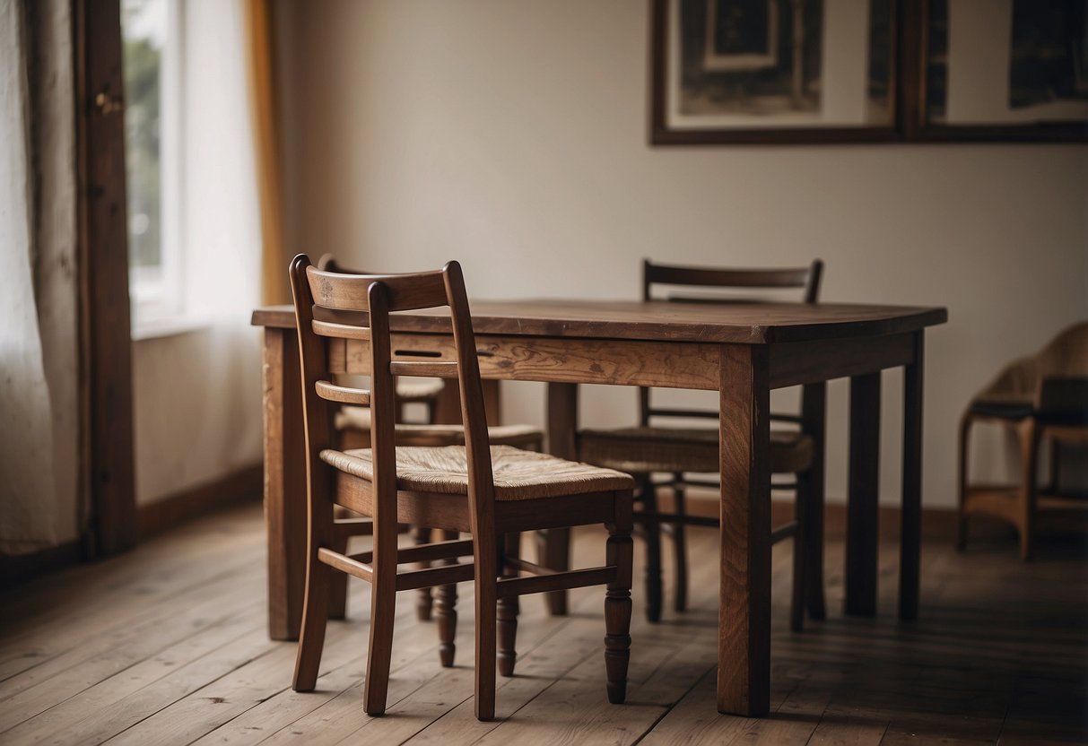 A small room with worn, cheap wooden furniture. The table is chipped, the chair wobbly. The wood is faded and scratched, but still functional