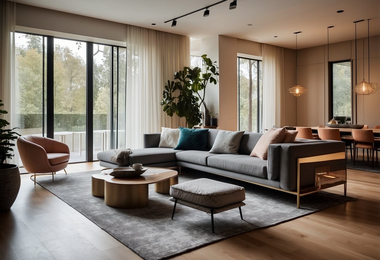 A modern living room with sleek, minimalist furniture and bold, geometric patterns. The space features a mix of natural materials and metallic accents, creating a trendy and inviting atmosphere
