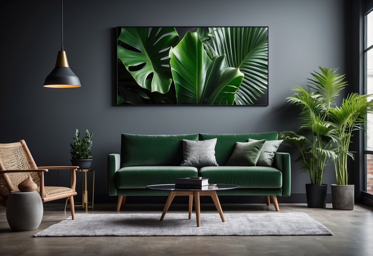 Grey walls contrast with vibrant green furniture, creating a modern and stylish space. Accessories like plants and artwork add depth and personality