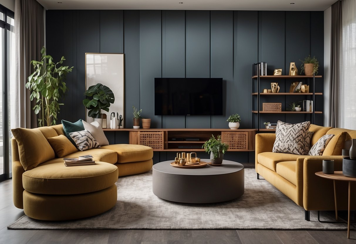 A modern living room with sleek, minimalist furniture in earthy tones, accented with bold pops of color and geometric patterns