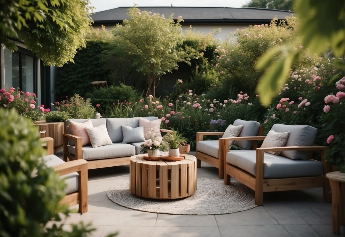 A cozy garden lounge with modern furniture sets, surrounded by lush greenery and colorful flowers