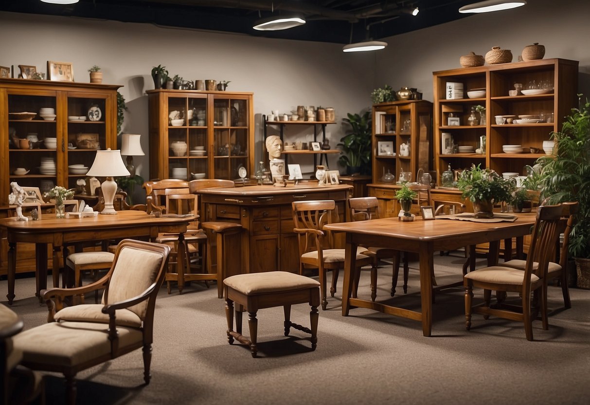 A cluttered showroom displays various cheap wooden furniture pieces. Shelves hold mismatched chairs, tables, and cabinets, while signs tout affordable prices