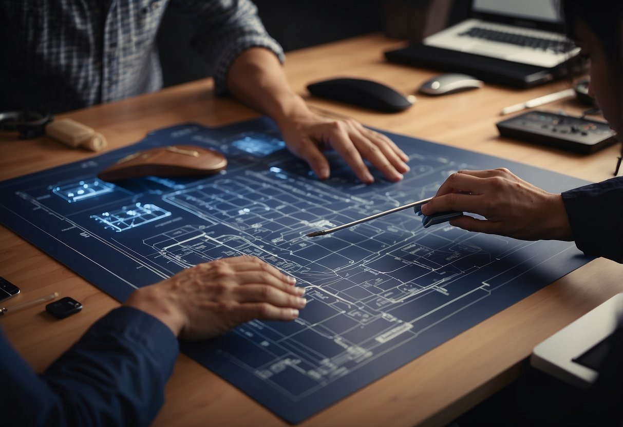 A person using a computer to design a blueprint of furniture with various tools and measurements on the screen