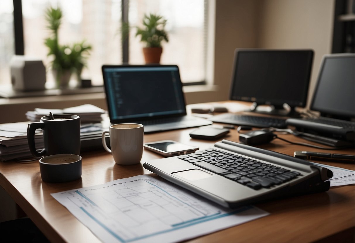 A cluttered desk with a computer, ruler, and drafting tools. A stack of blueprints and a cup of coffee sit nearby