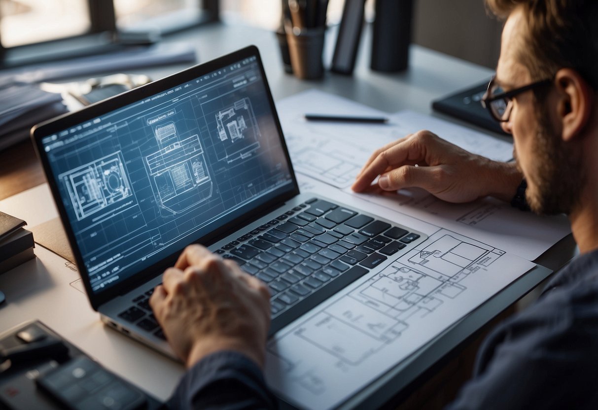 A person using a computer to design furniture blueprints with various tools and measurements on the screen