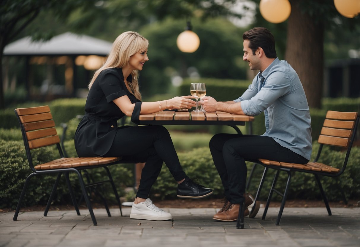 A person swaps a chair for a table with another person