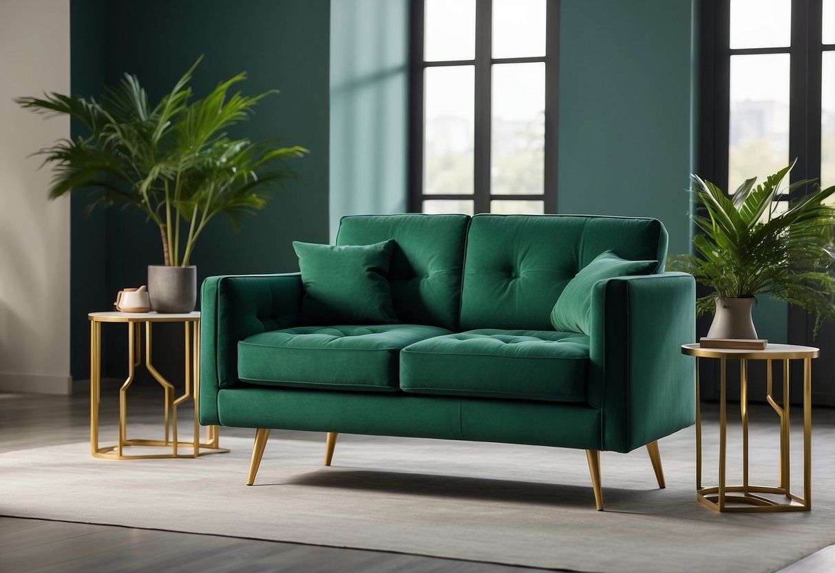 Emerald green furniture arranged in a spacious, sunlit room with minimalistic decor