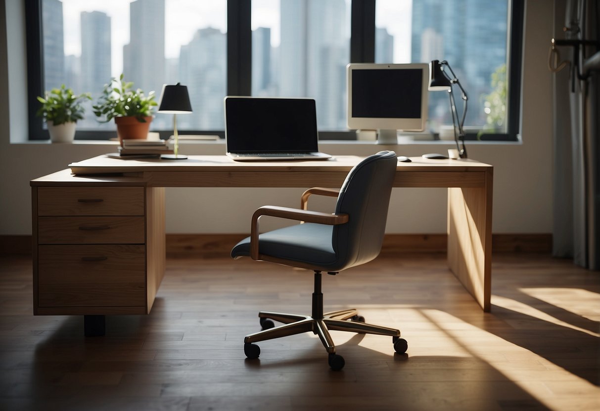 A desk with a computer, ruler, and blueprint paper. A chair is positioned next to the desk. A large window provides natural light