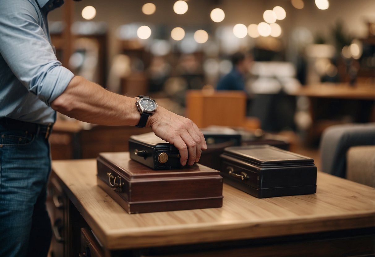 A customer hands over old furniture in exchange for new items at a furniture store