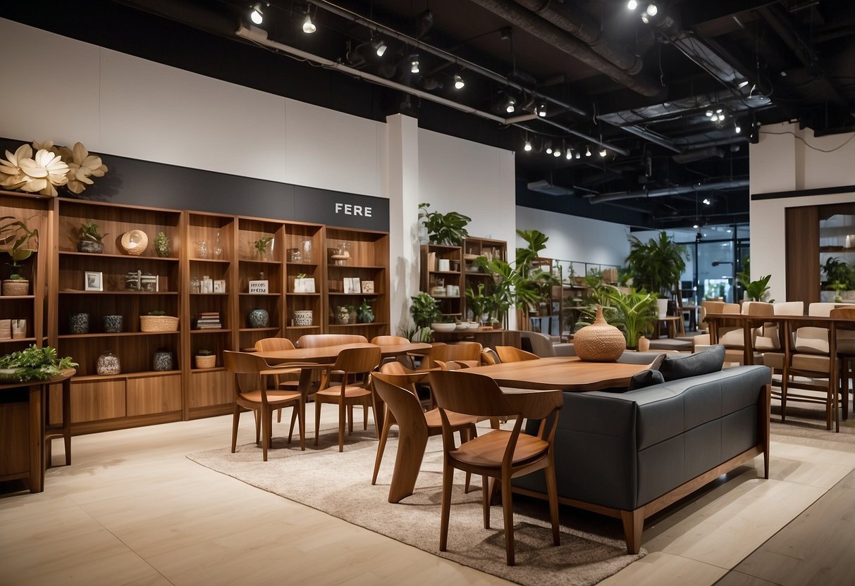 A cozy showroom displays affordable wooden furniture in Singapore. Shelves are lined with tables, chairs, and bookcases, showcasing the variety of styles and finishes available