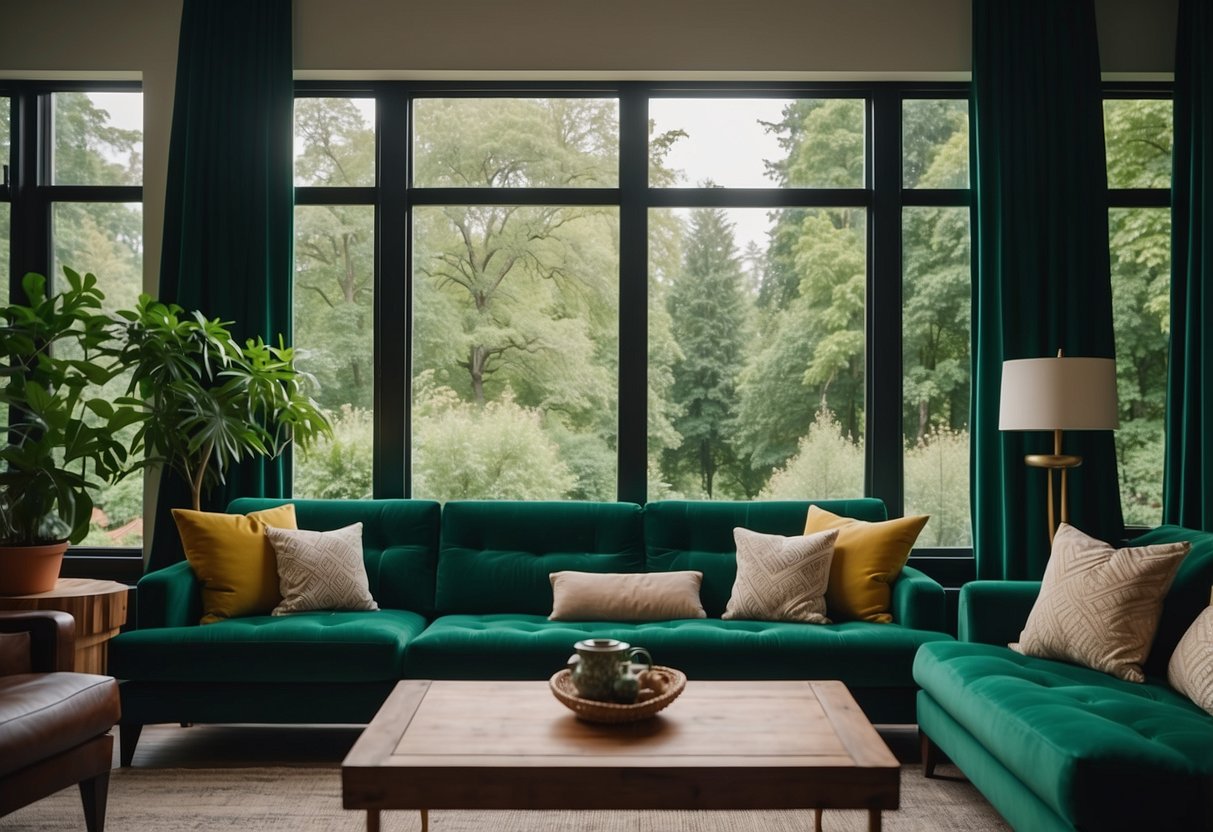 A cozy living room with emerald green furniture, soft lighting, and a large window overlooking a lush garden