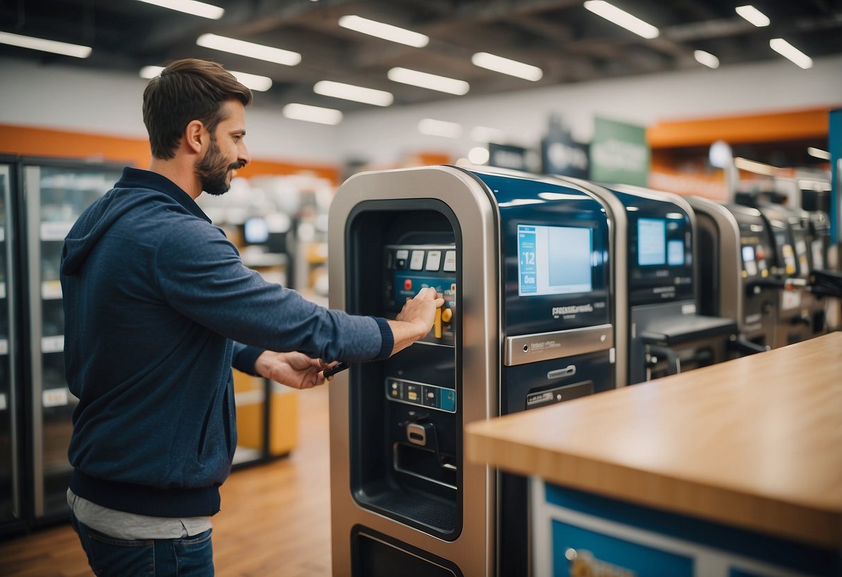A person selects a furniture cleaning rental machine from a display of various options in a well-lit and organized rental store