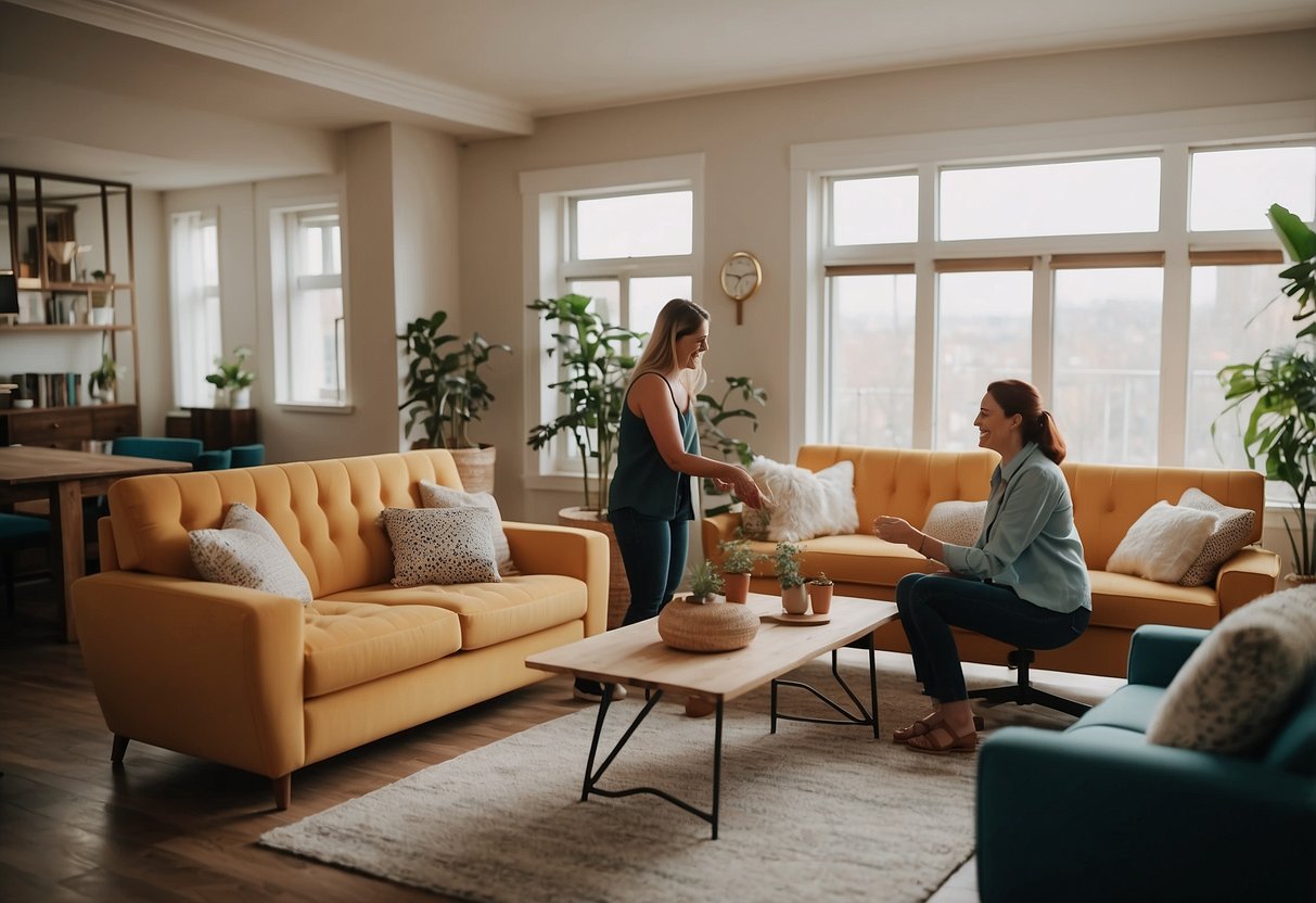 A room with two people exchanging furniture, one person handing over a piece of furniture to the other while smiling. The room is filled with various furniture pieces and decor items