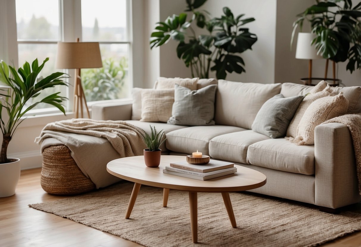 A cozy living room with a modern sofa, plush throw pillows, and a sleek coffee table. The room is bathed in natural light, with a soft rug and potted plants adding warmth and style