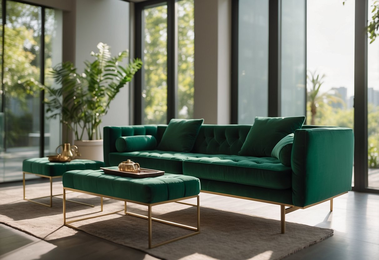 Emerald green furniture arranged in a modern living room with natural light streaming in through large windows, creating a vibrant and inviting space